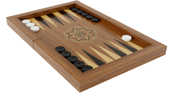 Backgammon board game with white and black checkers on a wooden surface displaying a centered star design