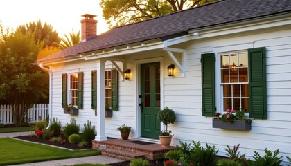 Accessory dwelling unit. Charming white house with green shutters and landscaped garden.