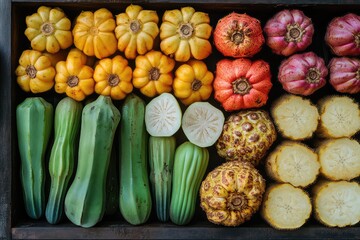 Collage of assorted tropical vegetables, including okra, taro, and plantains, showcasing their unique shapes and colors