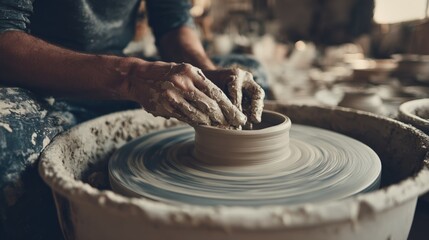 Fototapeta premium Skilled Pottery Artist Creating Handmade Clay Pot on Wheel in Studio Workshop.