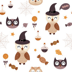 Halloween seamless pattern with cute owls, spiderweb, potion, candies. Spooky Halloween vector background.