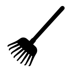 Black Icon of a Garden Rake, A black silhouette of a garden rake, perfect for gardening, landscaping, or outdoor work-related themes.
