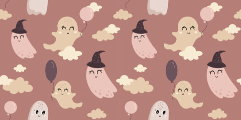 Cute Halloween ghost seamless pattern. Spooky Halloween hand drawn vector background