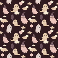 Cute Halloween ghost seamless pattern. Spooky Halloween hand drawn vector background