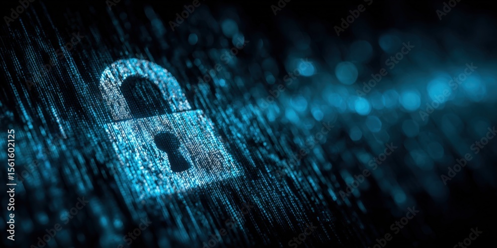 Aufkleber Secure digital lock icon surrounded by glowing digital data stream in a futuristic cybersecurity scene.
