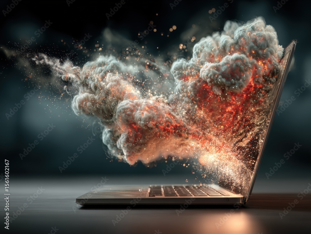 Poster dramatic explosion coming out of a laptop computer with dust and smoke clouds.