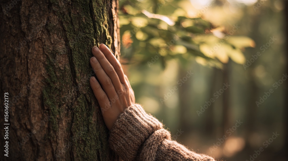 Poster Detailed image of a hand with knitted glove touching a textured tree trunk in a lush forest during daytime.