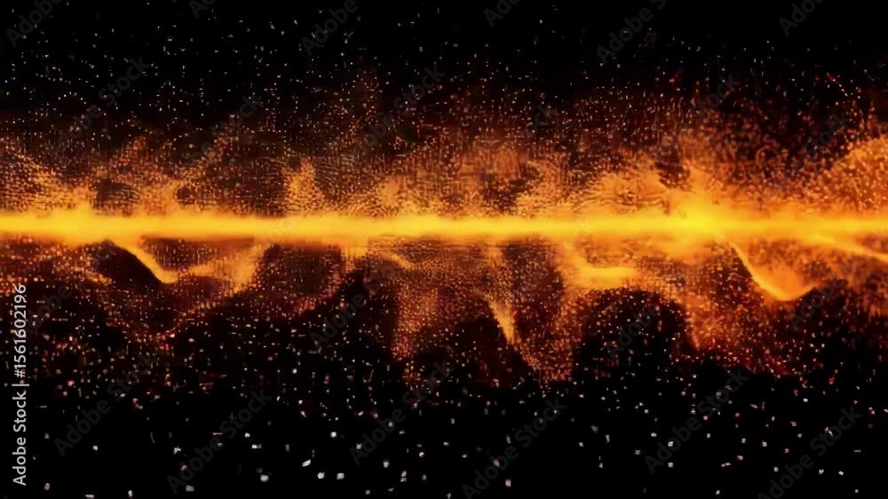 Poster an abstract background featuring a dynamic field of glowing orange particles creating a wavy surface