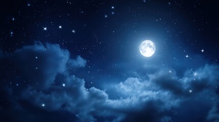 Fototapeta premium Clear night sky with bright full moon stars and fluffy clouds over dark landscape.