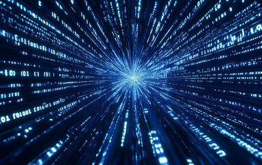 Abstract blue digital binary code stream with light burst perspective