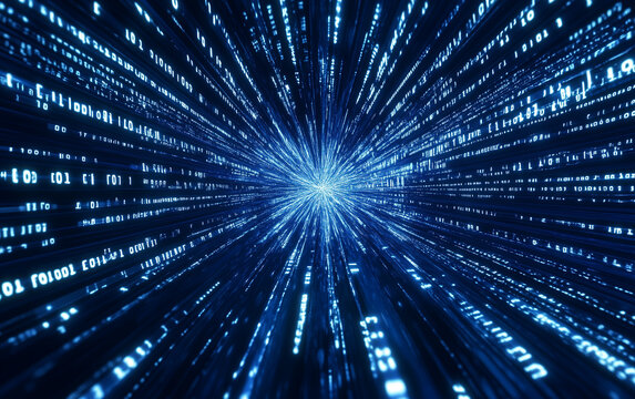 Abstract blue digital binary code stream with light burst perspective