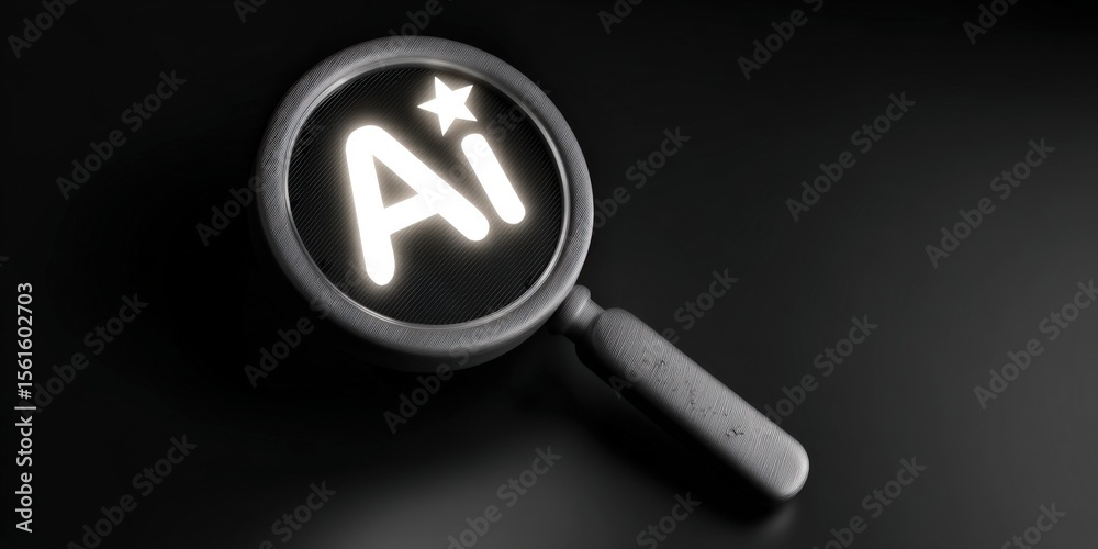 Poster Close-up of a magnifying glass with the letters AI illuminated in a dark background.