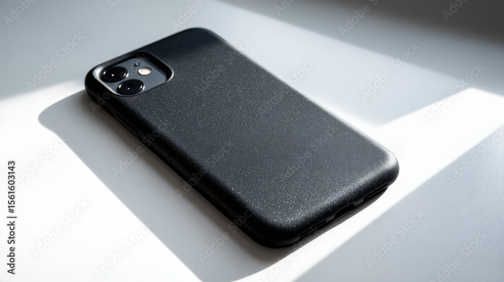 Poster modern black smartphone with smooth textured back and dual camera lens setup.