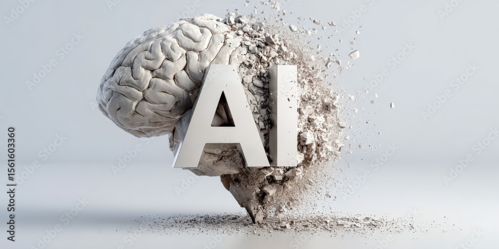 Poster Detailed close-up of a realistic brain with breaking particles and AI letters on a neutral background.