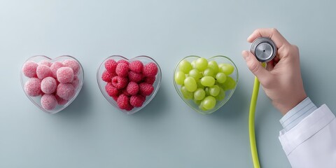 Medical doctor examining colorful ball-shaped pills in heart-shaped bowls for health.