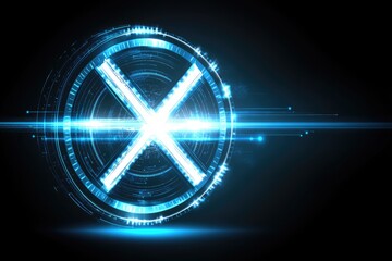 High-tech X-symbol, glowing blue, digital