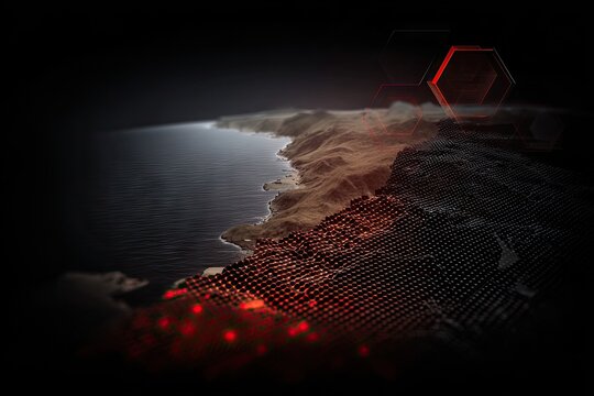 Coastal landscape, digitally enhanced with graphic elements, showing a mountainous shore with a pixelated texture, highlighted by red accents and dark tones
