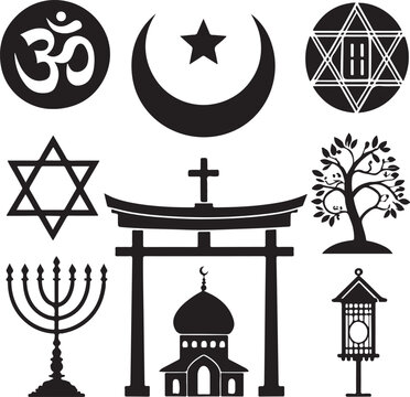 Collection of religious symbols representing diverse faiths and spiritual beliefs