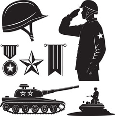 Naklejka premium Silhouetted military elements with soldier saluting tank insignias and army combat vehicles