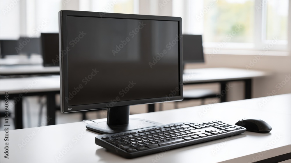 Poster Modern desktop computer setup with monitor keyboard and mouse in work office environment.