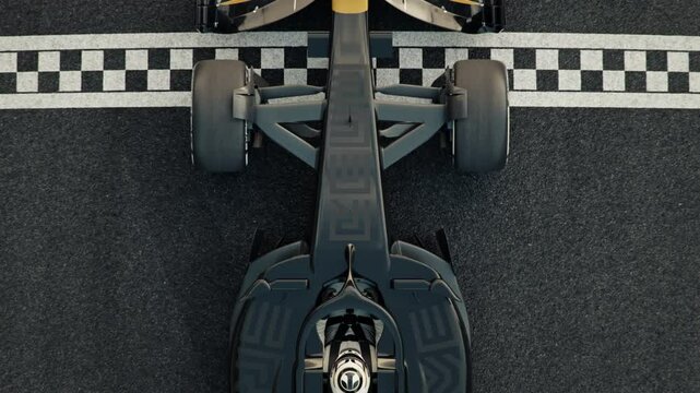 Top view of a generic formula one race car driving across the finish line in slow motion. 3d animation rendering. New 2025 black and gold race car design
