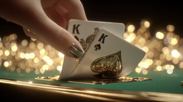 Close-up of two playing cards king of spades and king of hearts on a casino table with sparkling background.
