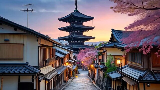 temple of japan with sunset on background