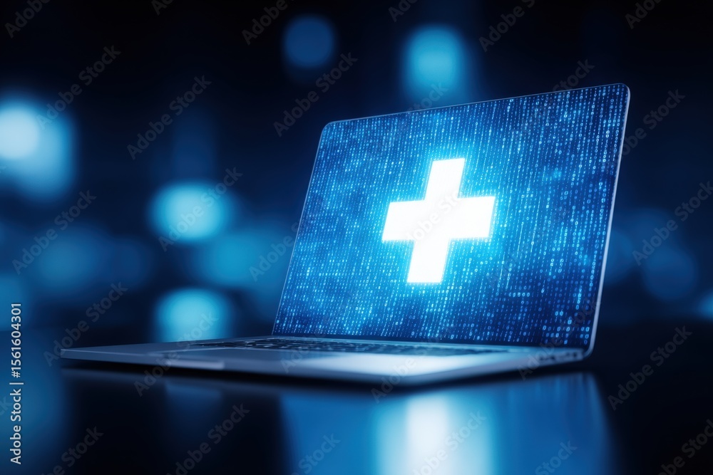 Poster digital healthcare concept with laptop displaying medical cross and digital data.
