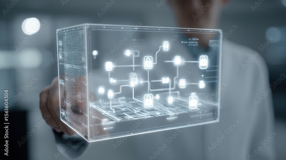 Poster Futuristic digital security concept with holographic data locks and network.