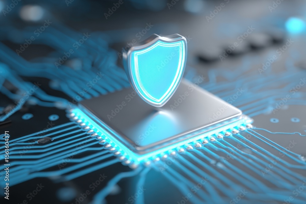 Poster digital security shield protection icon on circuit board technology concept design.