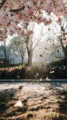 Beautiful blooming cherry blossom tree with pink flowers in a park during springtime.