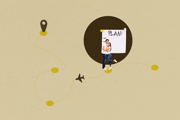 3d poster image full pop art collage of happy girl guy stand map route gps plane arrival summer...
