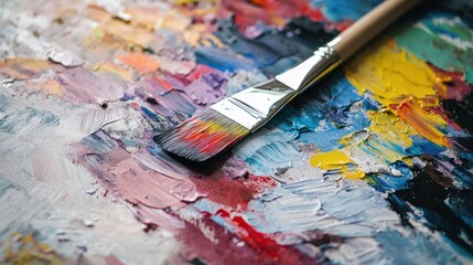Fototapeta premium Vibrant Palette: A Painter's Brush Resting on a Canvas of Bold Colors