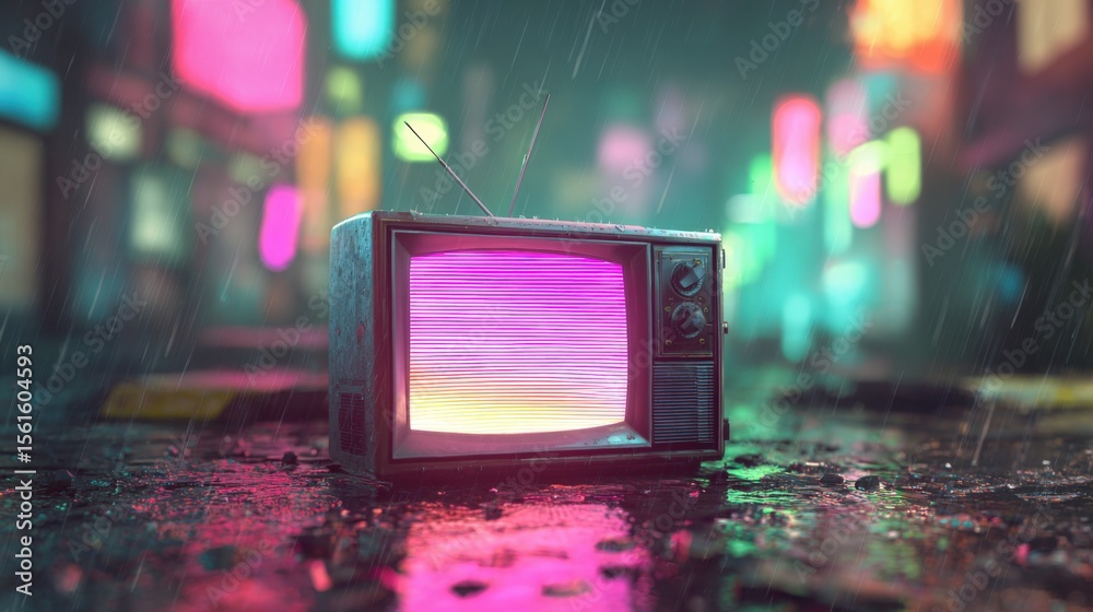 Aufkleber retro television set with colorful static display on a neon illuminated city street at night.