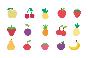 Flat Fruit Icon Set – Minimalist Vector Illustration of Various Fruits Including Strawberry, Cherry, Pear, Apple, Banana, Lemon, Mango, and Grapes