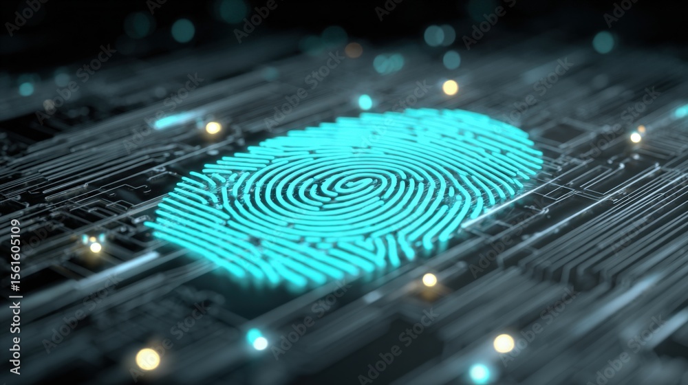 Poster futuristic glowing blue fingerprint scanning on digital circuit technology background.