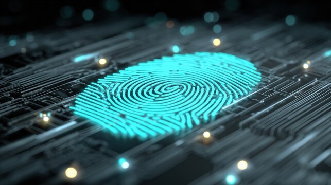 Futuristic glowing blue fingerprint scanning on digital circuit technology background.