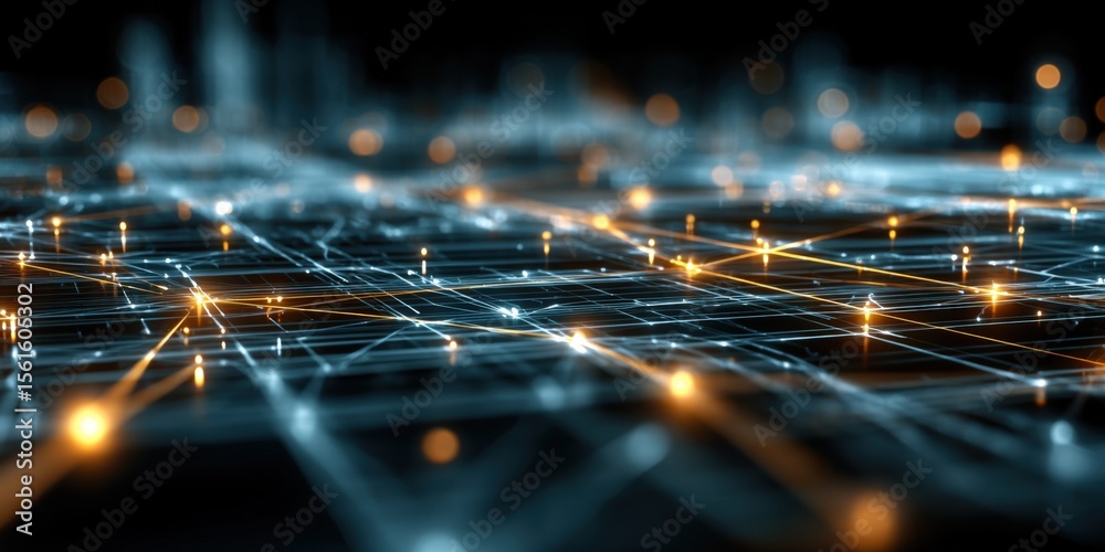 Poster High Tech Network Connection Visual with Digital Data Lines and Glowing Lights.