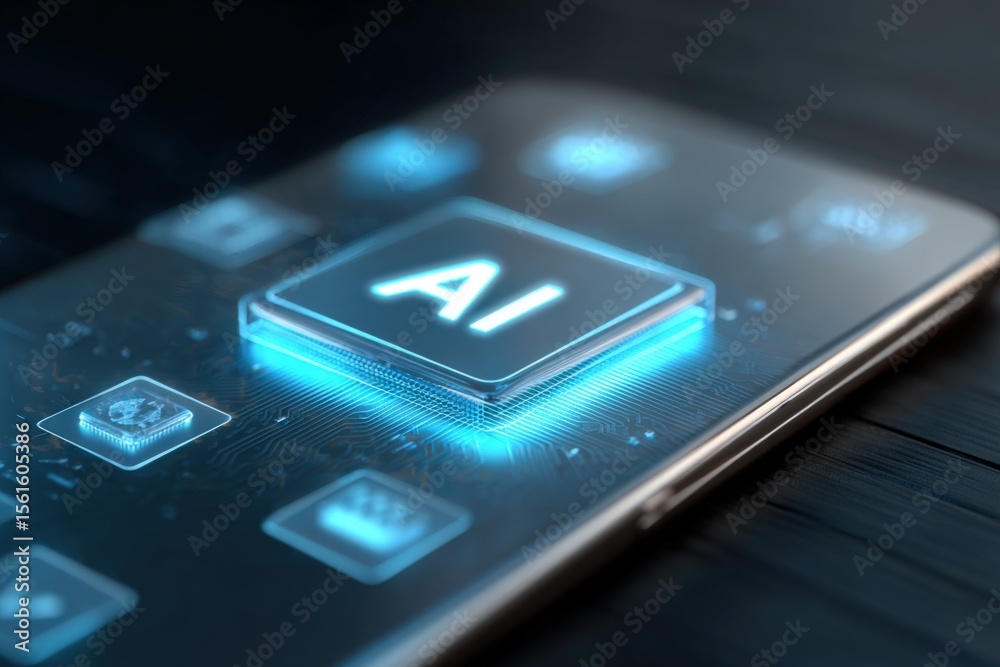 Poster Close-up of artificial intelligence AI button on smartphone with digital interface display.