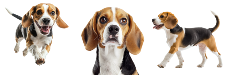 Set of cute purebred beagle dogs isolated on transparent background PNG