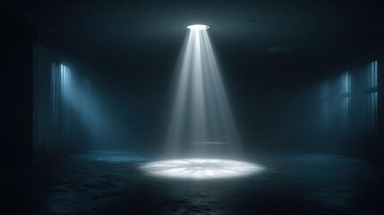 Dark indoor space illuminated by a bright spotlight with mysterious atmosphere.