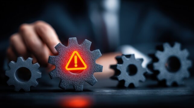 Businessman touching gear with warning sign symbol on digital screen in office environment.
