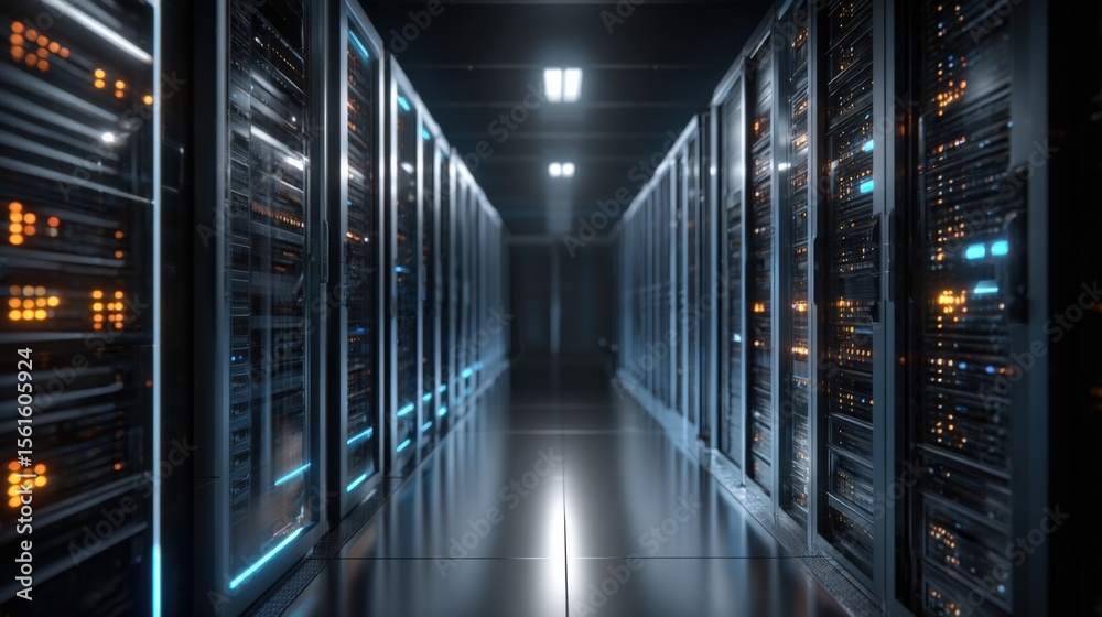 Poster Modern data center with server racks illuminated in blue and orange with overhead lighting.