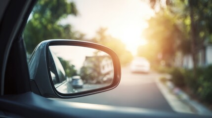 Scenic view of a suburban street through a car side mirror during sunset with trees and houses in the background.