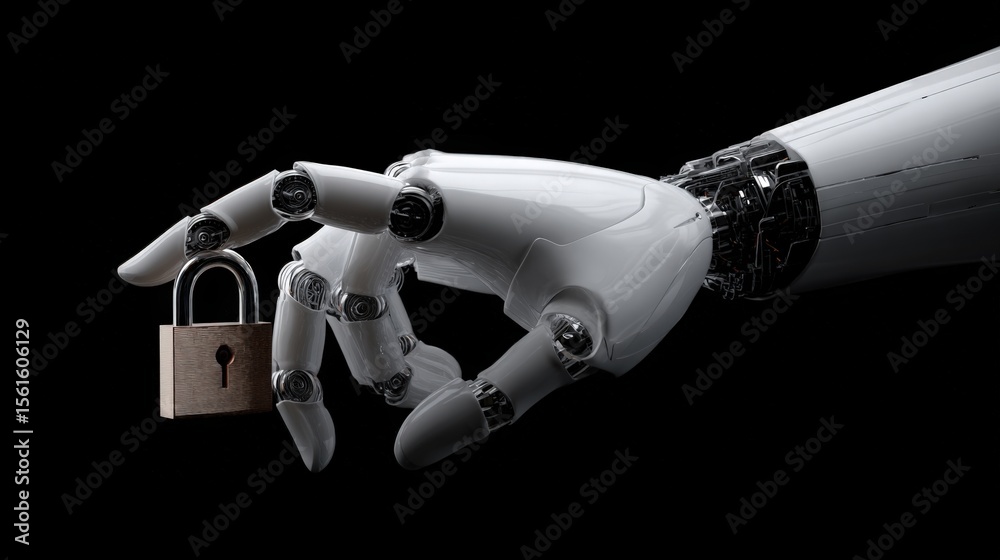 Poster Futuristic robotic hand holding a padlock symbolizing security and technology advances.