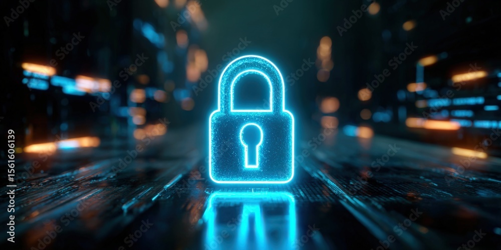 Aufkleber futuristic digital neon lock icon representing cybersecurity and data protection.