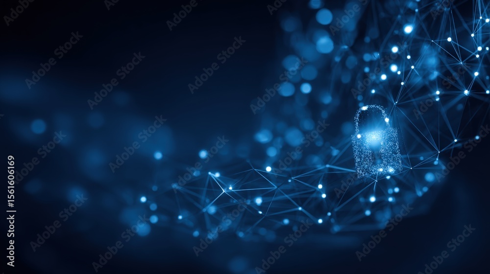 Poster Digital network security concept with glowing padlock and interconnected data points.