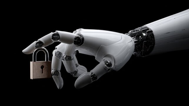 Futuristic robotic hand holding a padlock symbolizing security and technology advances. - Powered by Adobe