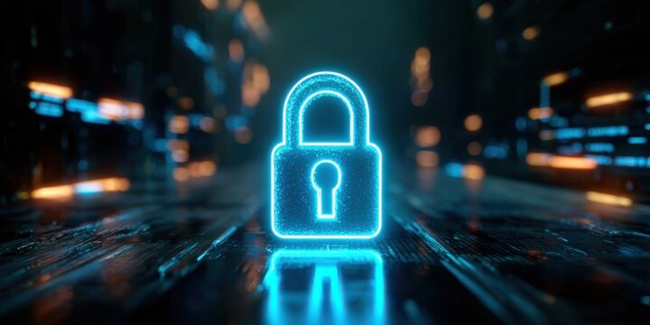 Futuristic digital neon lock icon representing cybersecurity and data protection.