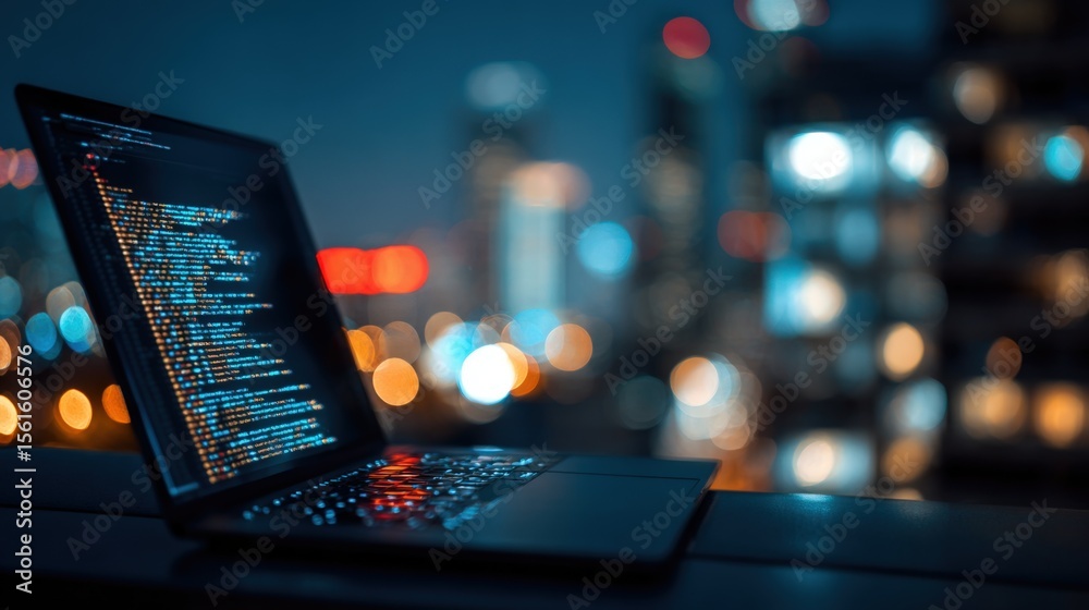 Aufkleber Modern laptop computer with programming code on screen at night with city lights in background.
